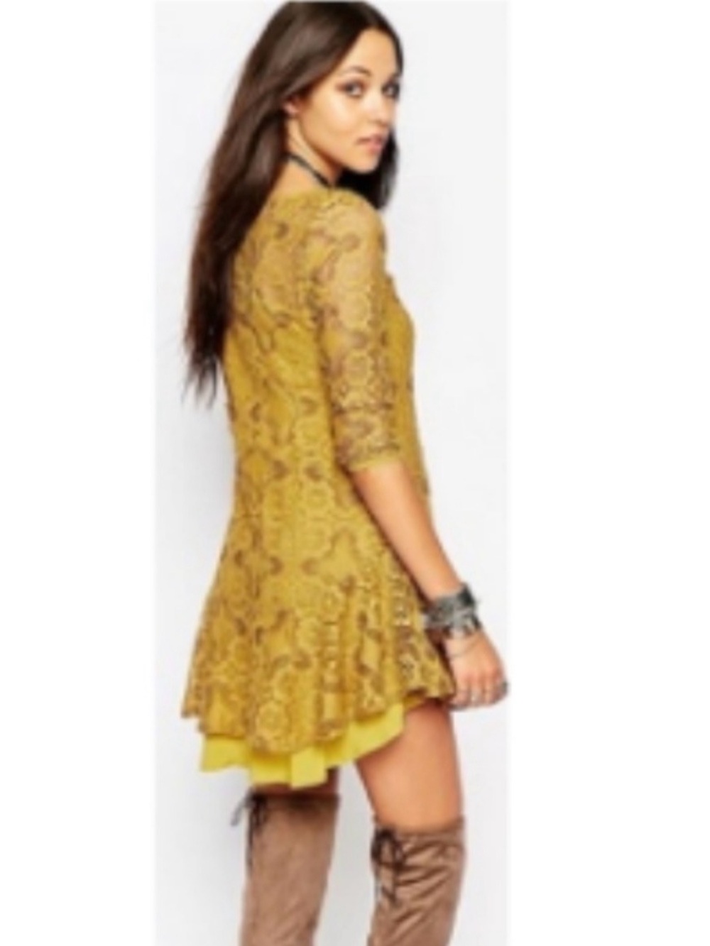 Free People Walking To The Sun Lace Mini Dress Tunic - Dandelion Yellow - Size 4